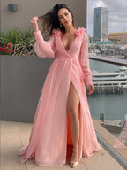 A-Line/Princess 30D Chiffon Ruffles V-neck Long Sleeves Sweep/Brush Train Dresses