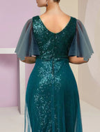 Mother Of The Bride Dress Chiffon Sequined Sparkle High Low V Neck Knee Length For Elegant Moms