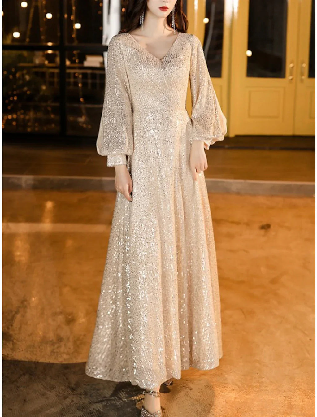 Mother Of The Bride Dress Sheath Sequined Petite V Neck Floor Length With Pleats Elegant Sparkle