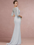 Mother Of The Bride Dress Vintage Chiffon Lace With Sequin Half Sleeve Scoop Neck Brush Train Elegant Classic