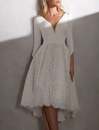Reception Elegant Fall Lace Wedding Dress With Appliques A Line V Neck Three Quarter Sleeve Bridal Gown