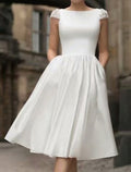 Reception Little White Satin A-Line Dress For Brides Knee Length Elegant Scoop Neck Cap Sleeve