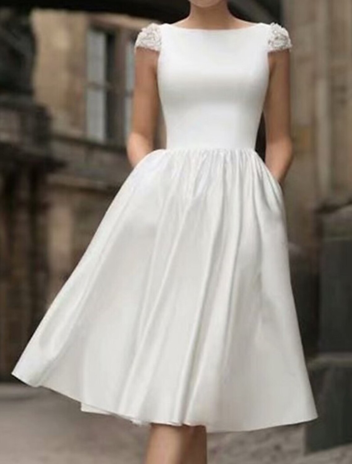 Reception Little White Satin A-Line Dress For Brides Knee Length Elegant Scoop Neck Cap Sleeve