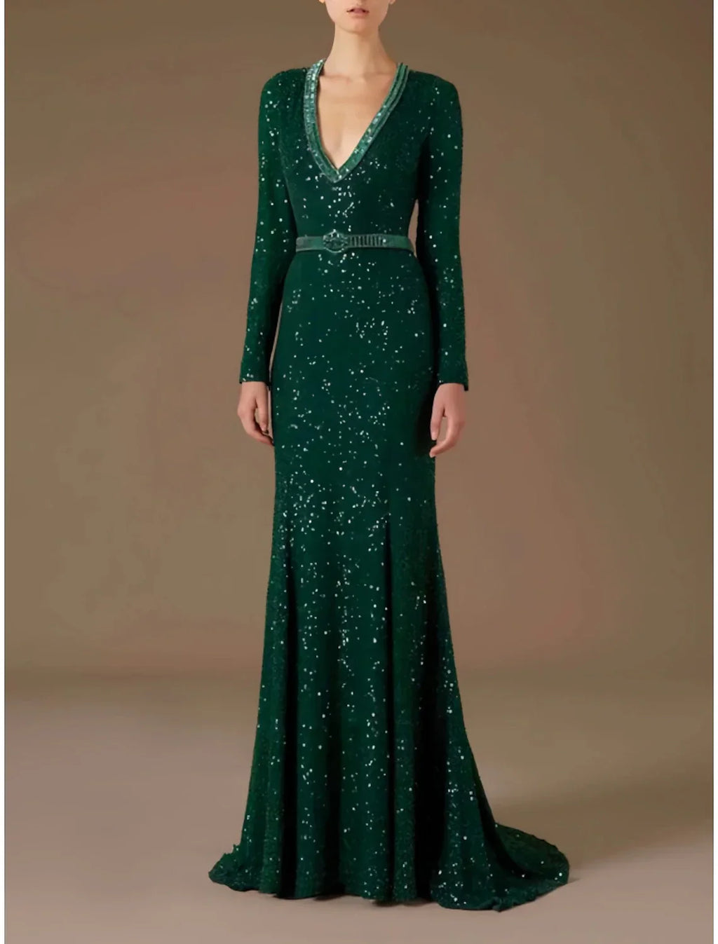 Mermaid Evening Gown With Sequined Glitter Pleats Long Sleeve V Neck Brush Train For Formal Events
