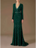 Mermaid Evening Gown With Sequined Glitter Pleats Long Sleeve V Neck Brush Train For Formal Events