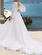 Beach Wedding Dress A Line V Neck Long Sleeve Chiffon Gown With Pleats For Destination Brides