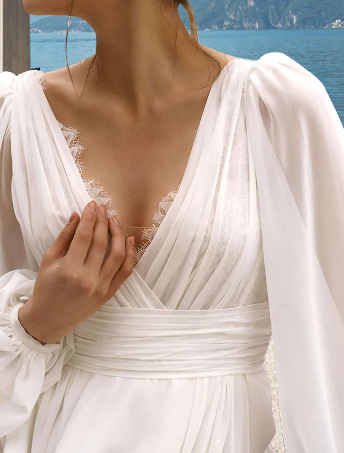 Beach Wedding Dress A Line V Neck Long Sleeve Chiffon Gown With Pleats For Destination Brides
