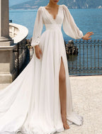Beach Wedding Dress A Line V Neck Long Sleeve Chiffon Gown With Pleats For Destination Brides