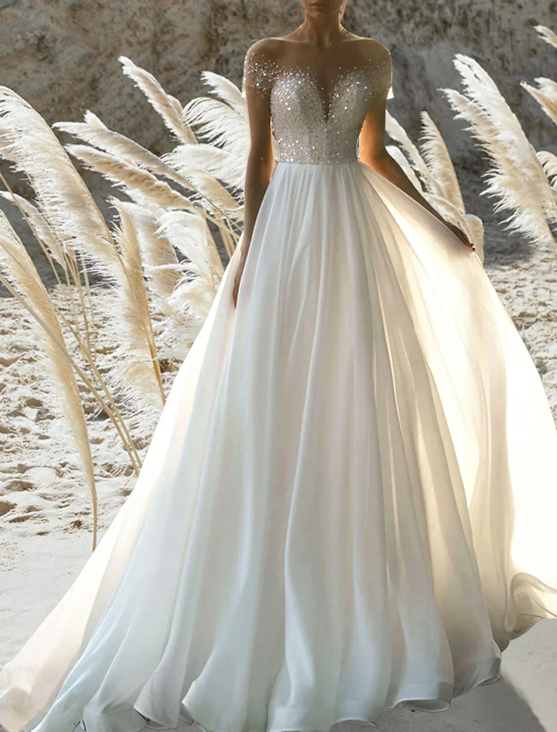 Beach Formal A Line Wedding Dress Off Shoulder Short Sleeve Beaded Chiffon Gown With Court Train For Beach Brides