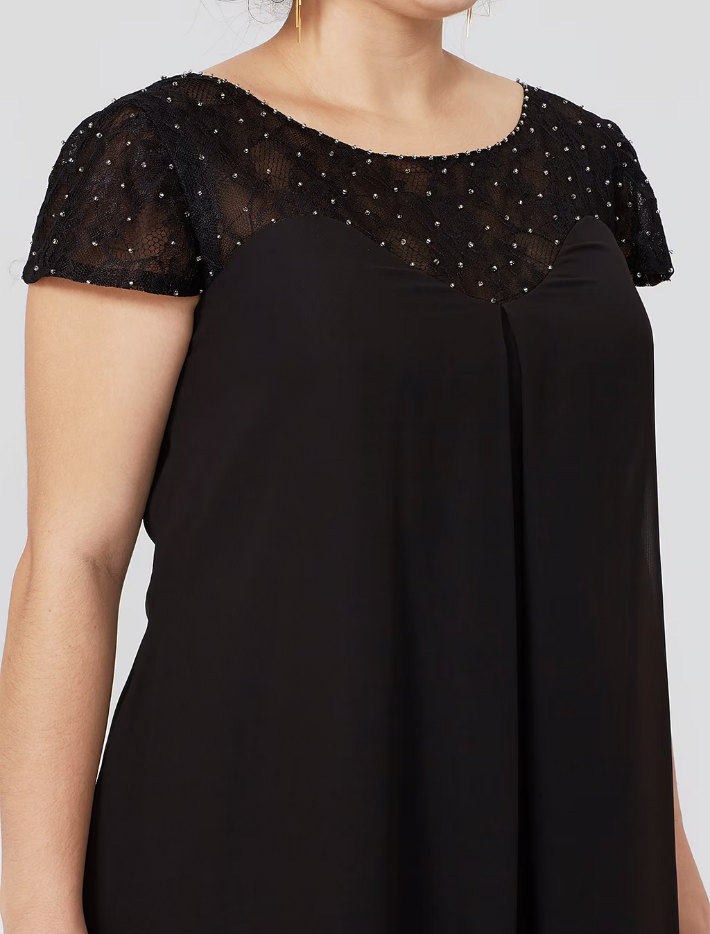 Mother of the Bride Dress Formal Little Black Dress Plus Size Knee Length Chiffon Lace Short Sleeve No with Pleats Beading Lace