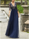 Mother Of The Bride Dress Elegant Floor Length Lace Tulle Three Quarter Sleeve Pleated Vintage Wedding Guest