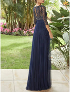 Mother Of The Bride Dress Elegant Floor Length Lace Tulle Three Quarter Sleeve Pleated Vintage Wedding Guest