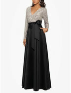 Elegant Mother Of The Bride Dress Satin Sequin Gown Sheath Column Silhouette V Neck Long Sleeve Floor Length Shine