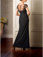 Mother Of The Bride Dress Elegant Floor Length Chiffon Lace Pleated Scoop Neck Short Sleeve For Mothers