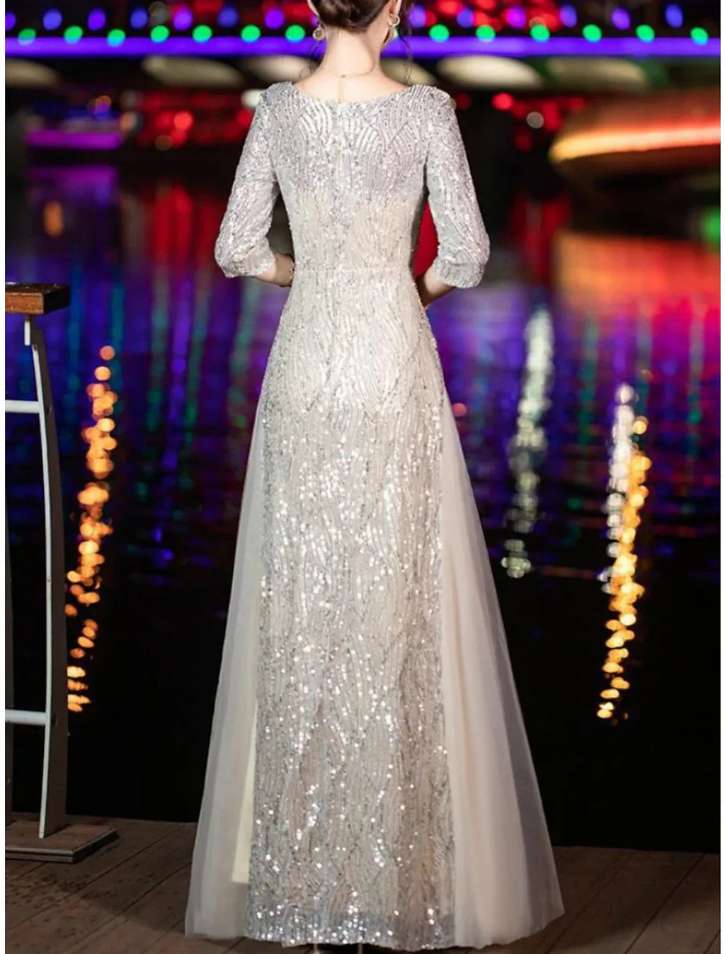 Mother Of The Bride Dress Sparkle Sheath Gown Petite Scoop Neck Floor Length Tulle Sequined Half Sleeve