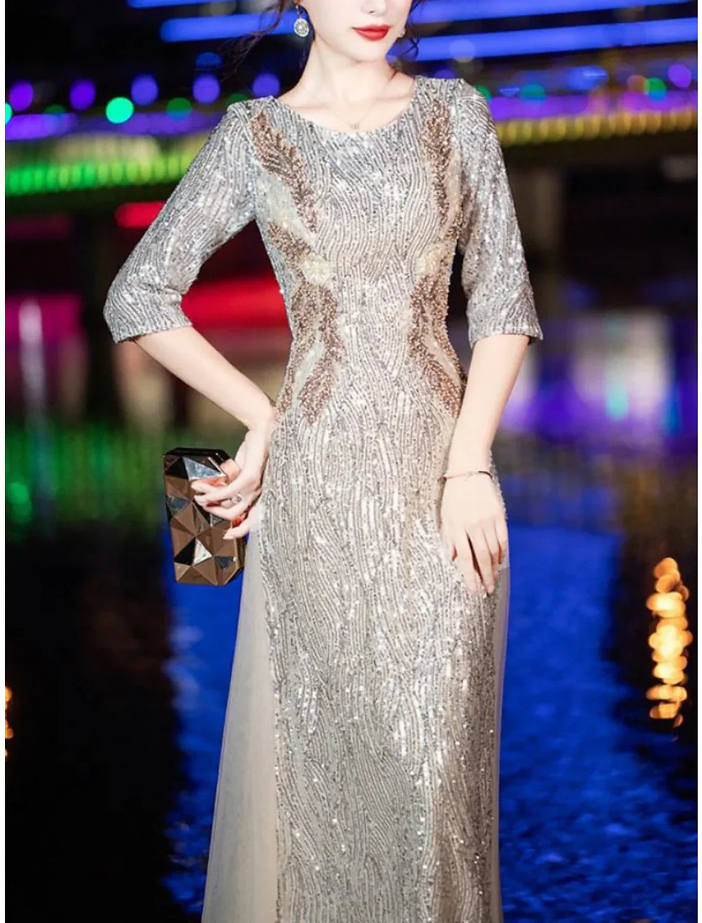 Mother Of The Bride Dress Sparkle Sheath Gown Petite Scoop Neck Floor Length Tulle Sequined Half Sleeve