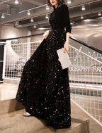 Mother Of The Bride Dress Elegant Sequined Velvet Floor Length Petite V Neck Half Sleeve Buttons