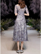 Elegant Mother Of The Bride Dress Sequined Sheath Tea Length Petite Half Sleeve Sparkle