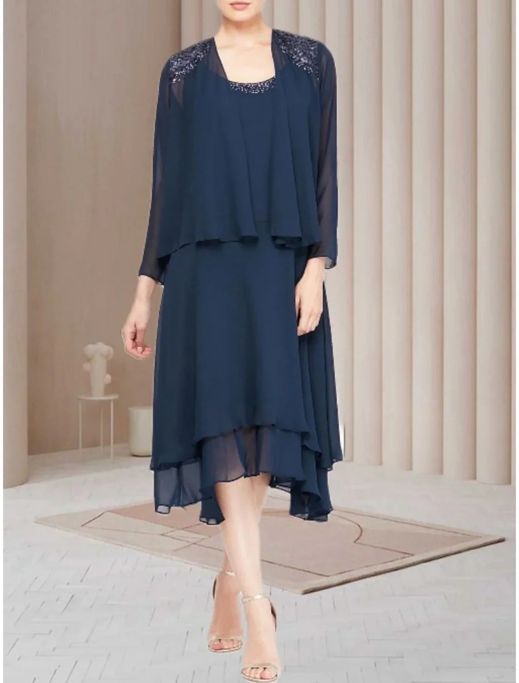 Mother Of The Bride Dress Chiffon Sheath With Sequin Ruched Long Sleeve Elegant Knee Length
