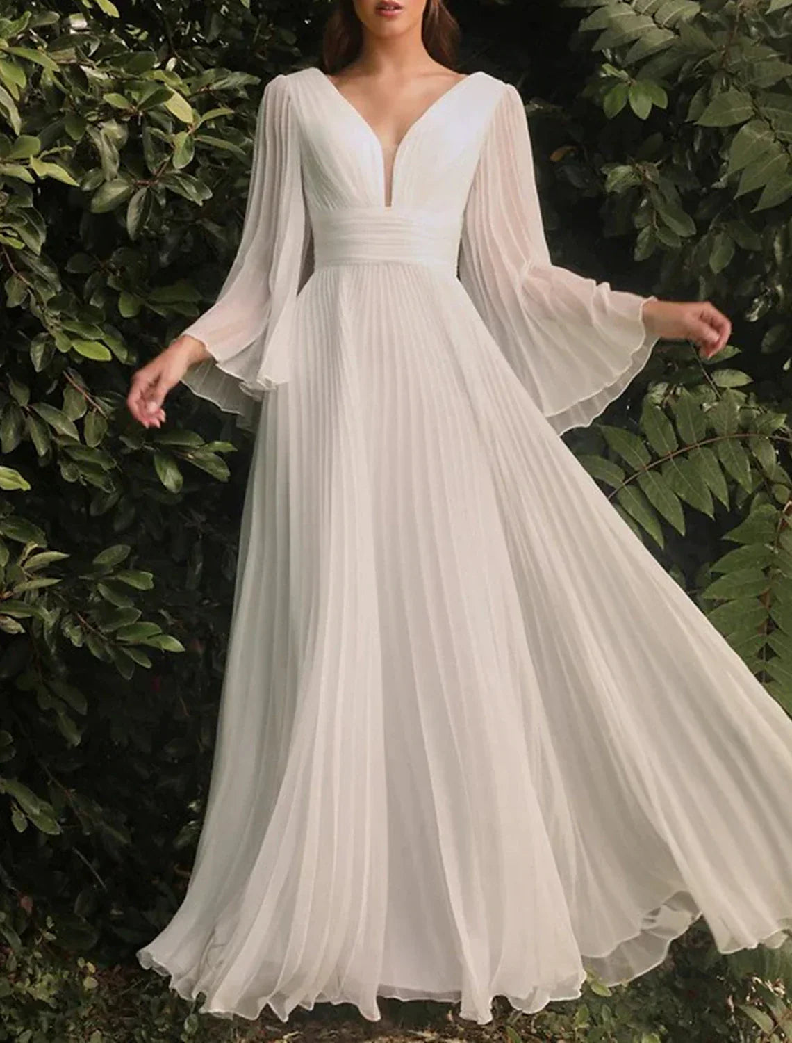 Beach Wedding Dresses A Line V Neck Long Sleeve Chiffon Gowns For Brides Elegant Floor Length