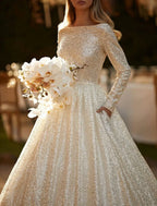 Wedding Dress Sparkling Ball Gown For Fall Brides With Scoop Neck Long Sleeve And Chapel Train