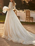 Wedding Dress Sparkling Ball Gown For Fall Brides With Scoop Neck Long Sleeve And Chapel Train