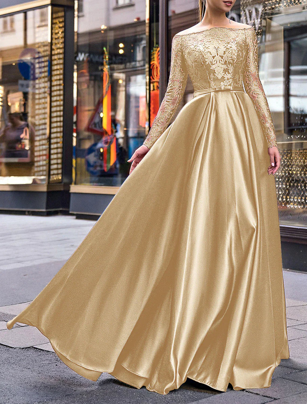A Line Satin Evening Gown Glamorous For Wedding Guests With Off Shoulder Long Sleeves Belted Sash And Appliques