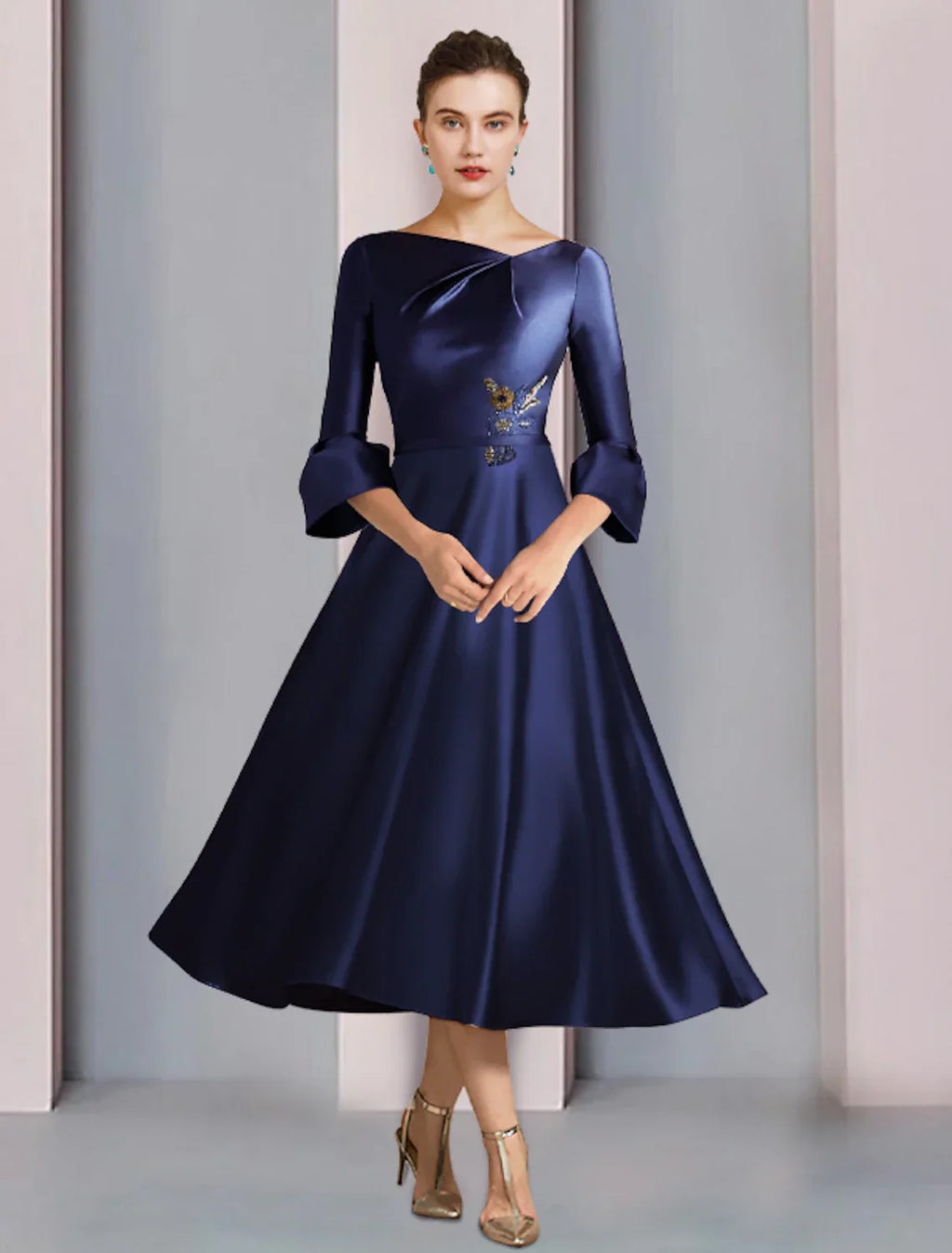 Elegant Mother Of The Bride Dress Satin A Line Tea Length With Pleated Three Quarter Sleeves