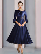 Elegant Mother Of The Bride Dress Satin A Line Tea Length With Pleated Three Quarter Sleeves