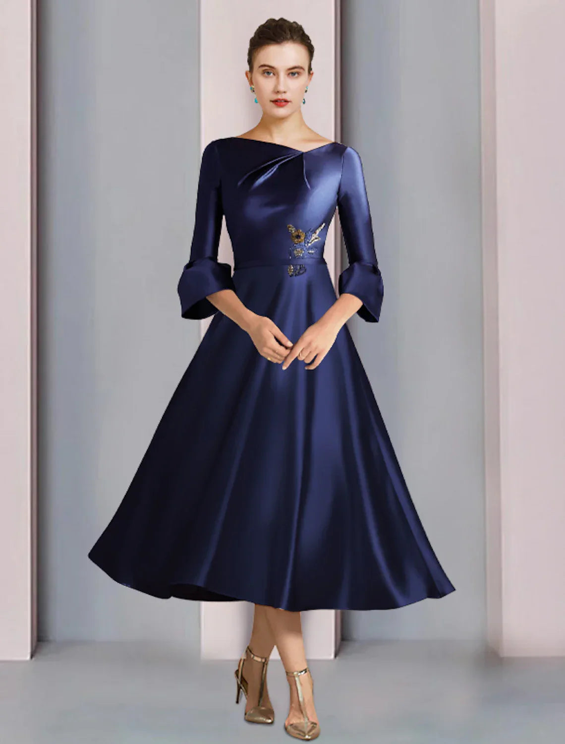 Elegant Mother Of The Bride Dress Satin A Line Tea Length With Pleated Three Quarter Sleeves