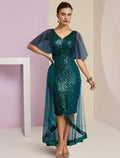 Mother Of The Bride Dress Chiffon Sequined Sparkle High Low V Neck Knee Length For Elegant Moms