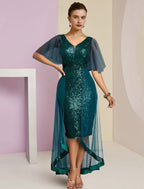 Mother Of The Bride Dress Chiffon Sequined Sparkle High Low V Neck Knee Length For Elegant Moms