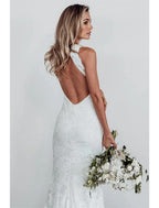 Beach Open Back Boho Wedding Dress Mermaid Trumpet Silhouette For Brides With Lace Appliques And Chapel Train