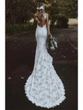 Beach Open Back Boho Wedding Dress Mermaid Trumpet Silhouette For Brides With Lace Appliques And Chapel Train