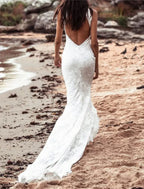 Beach Open Back Boho Wedding Dress Mermaid Trumpet Silhouette For Brides With Lace Appliques And Chapel Train
