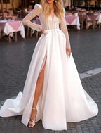 Elegant Satin Wedding Dress A Line V Neck Long Sleeve With Split Court Train For Brides Sparkle Collection