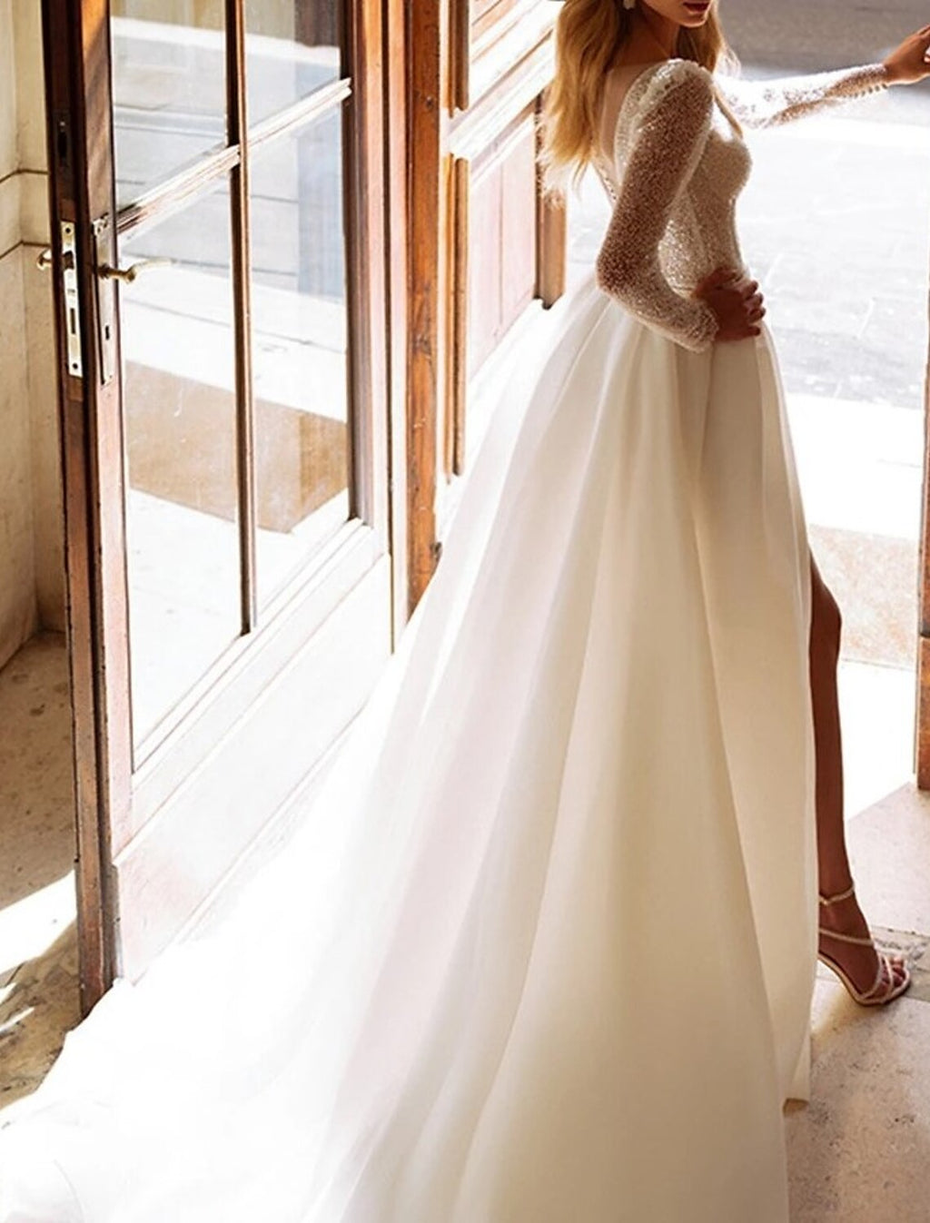 Elegant Satin Wedding Dress A Line V Neck Long Sleeve With Split Court Train For Brides Sparkle Collection