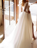 Elegant Satin Wedding Dress A Line V Neck Long Sleeve With Split Court Train For Brides Sparkle Collection