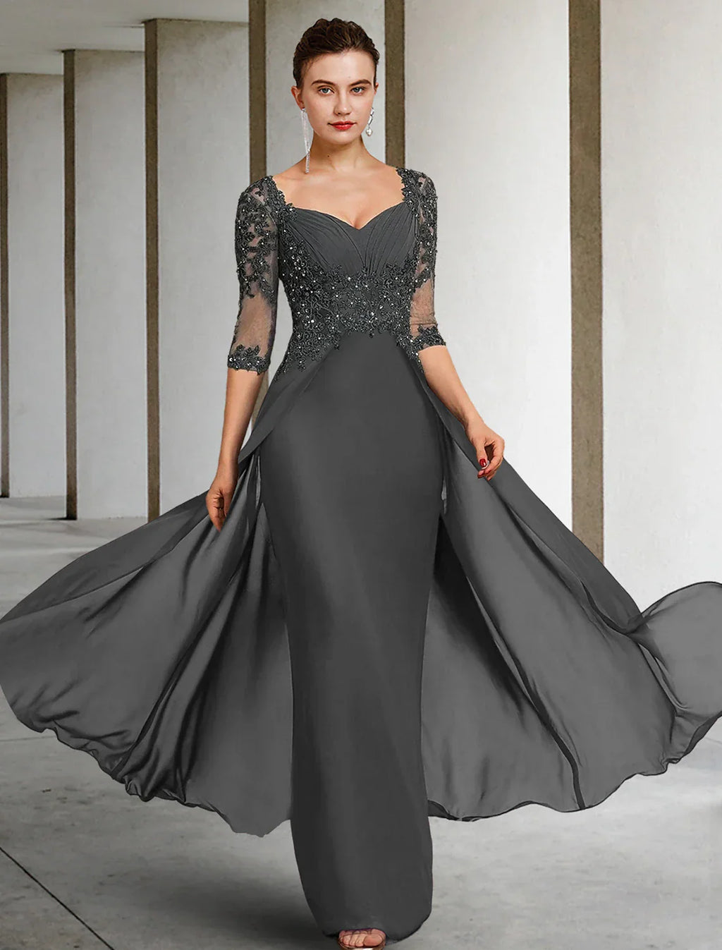 Mother Of The Bride Dress Chiffon Lace Floor Length Square Neck Three Quarter Sleeve With Sequin Appliques Wedding Day