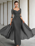 Mother Of The Bride Dress Chiffon Lace Floor Length Square Neck Three Quarter Sleeve With Sequin Appliques Wedding Day