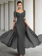Mother Of The Bride Dress Chiffon Lace Floor Length Square Neck Three Quarter Sleeve With Sequin Appliques Wedding Day