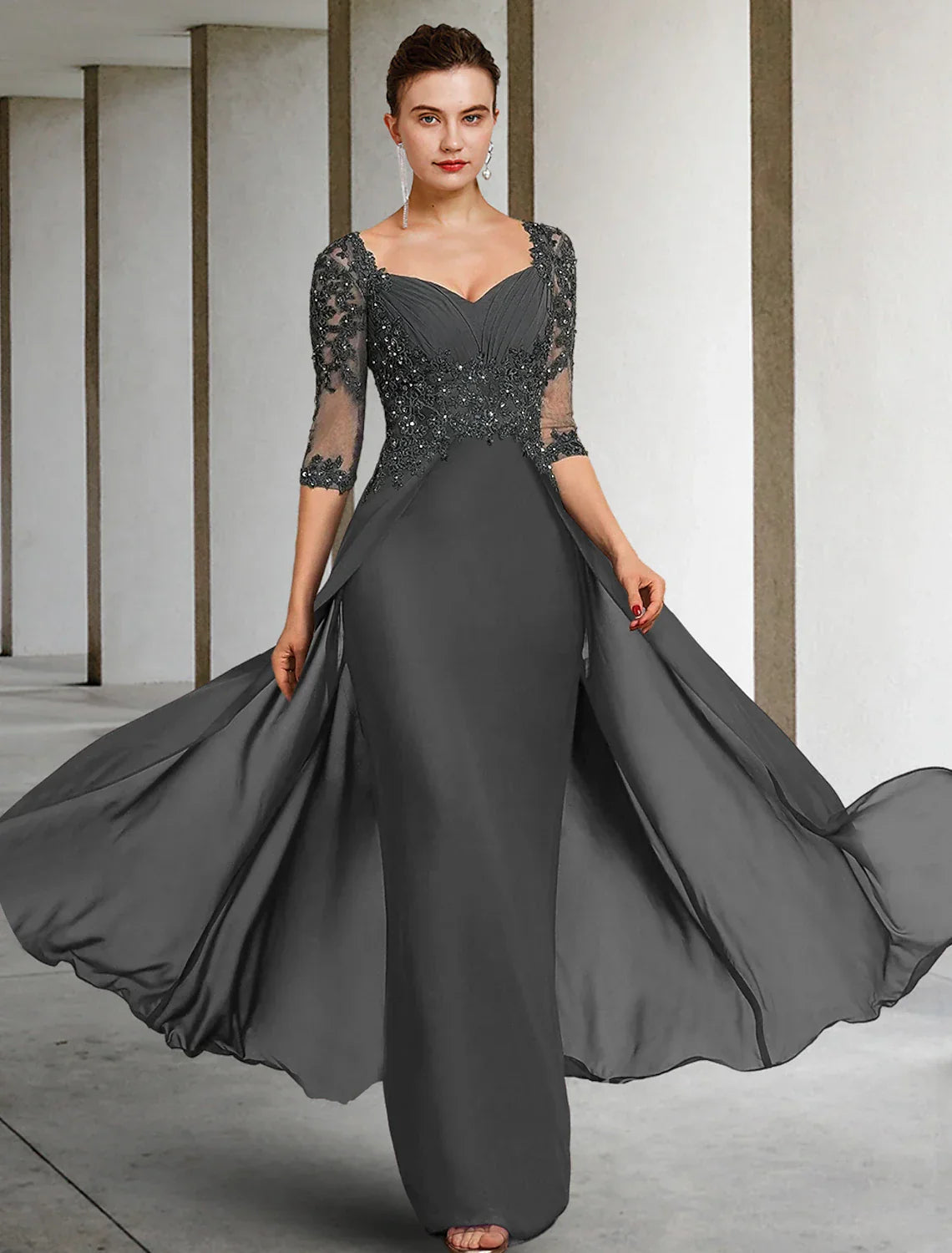 Mother Of The Bride Dress Chiffon Lace Floor Length Square Neck Three Quarter Sleeve With Sequin Appliques Wedding Day