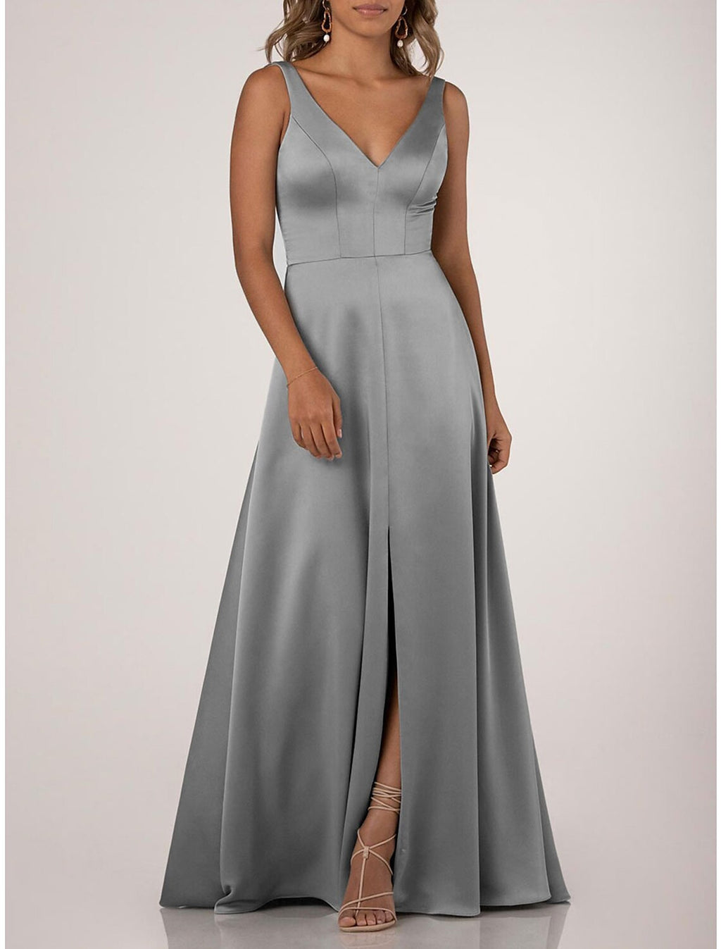 A Line Bridesmaid Dress V Neck Sleeveless Floor Length Draped Nylon Jersey Gown For Bridesmaids