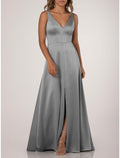 A Line Bridesmaid Dress V Neck Sleeveless Floor Length Draped Nylon Jersey Gown For Bridesmaids