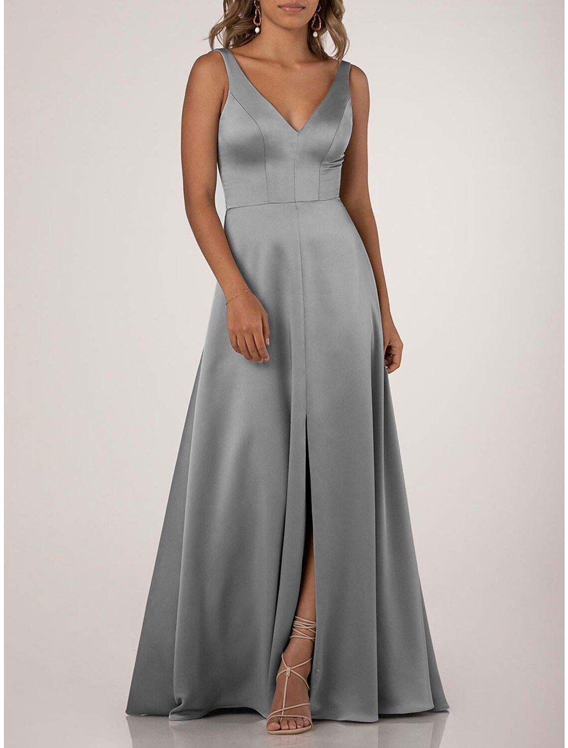 A Line Bridesmaid Dress V Neck Sleeveless Floor Length Draped Nylon Jersey Gown For Bridesmaids