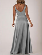 A Line Bridesmaid Dress V Neck Sleeveless Floor Length Draped Nylon Jersey Gown For Bridesmaids