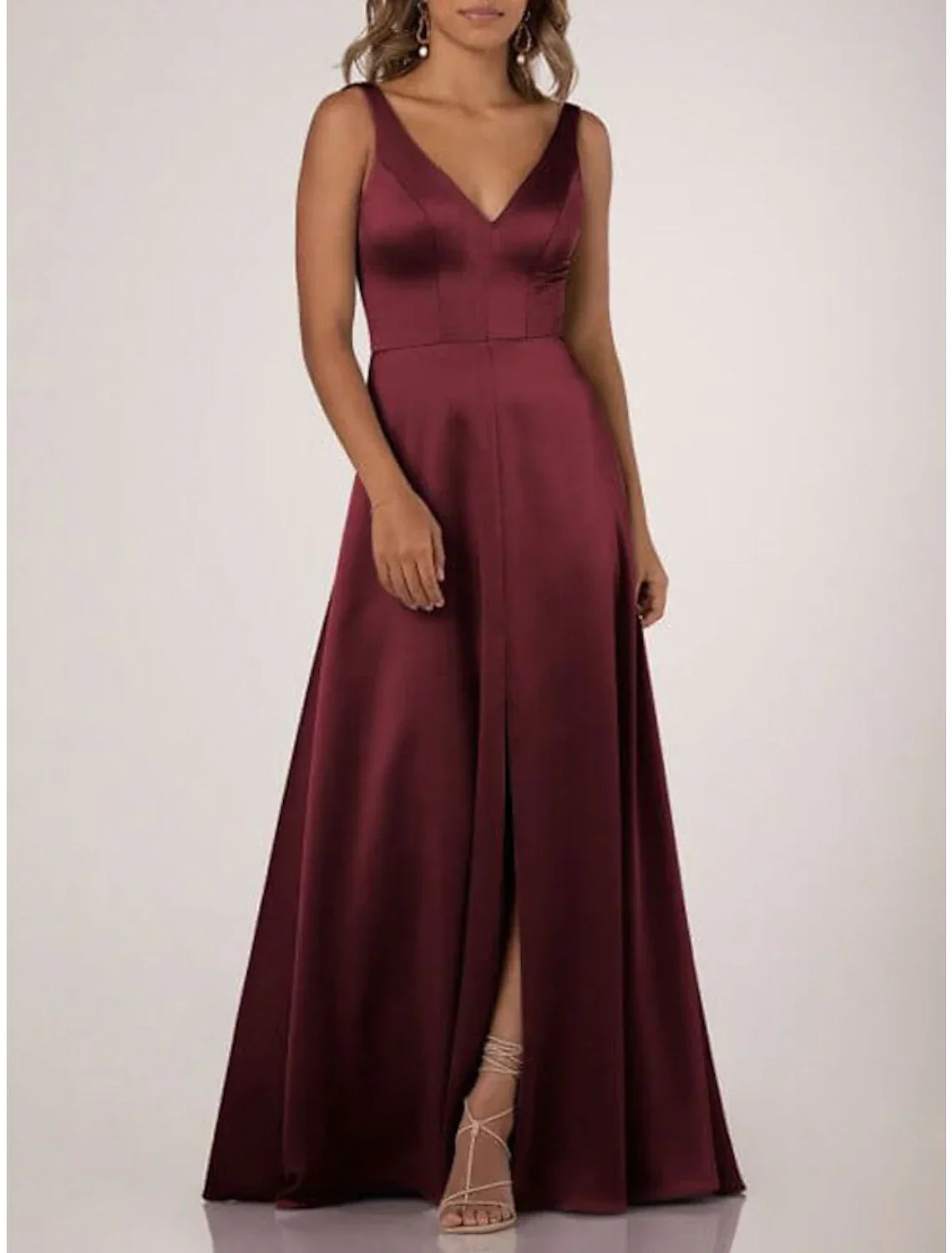 A Line Bridesmaid Dress V Neck Sleeveless Floor Length Draped Nylon Jersey Gown For Bridesmaids