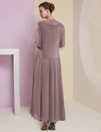 Two Piece A-Line Mother of the Bride Dress Formal Wedding Guest Elegant V Neck Length Lace Short Sleeve Wrap Included with Pleats Appliques