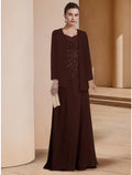 Mother Of The Bride Dress Elegant Scoop Neck Floor Length Stretch Chiffon Long Sleeve Sequin Ruched