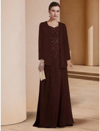 Mother Of The Bride Dress Elegant Scoop Neck Floor Length Stretch Chiffon Long Sleeve Sequin Ruched